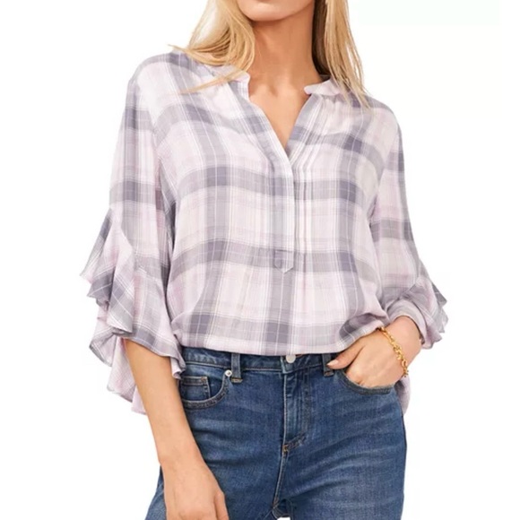 Vince Camuto Tops - Vince Camuto Plaid Print Ruffle Sleeve Henley Top